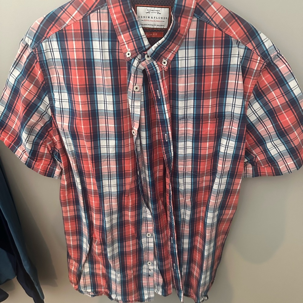 Denim & Flower Red and Blue Casual Button Down Shirt